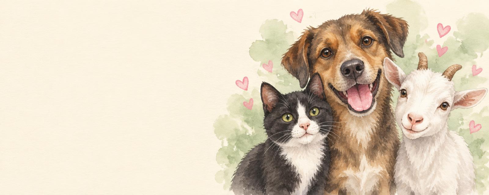 Watercolor illustration of a rescued dog, cat and goat surrounded by hearts